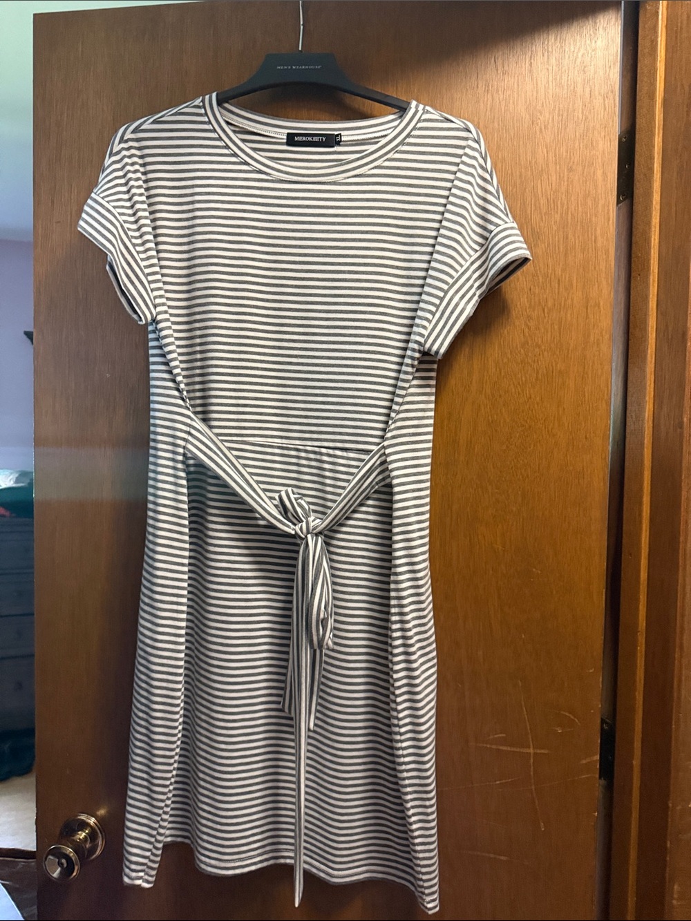 Striped Tie-Waist Dress in Gray and White